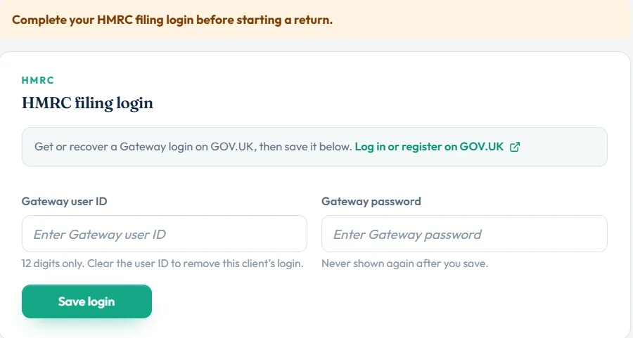 HMRC filing login with Gateway user ID and Gateway password fields and the Save login button