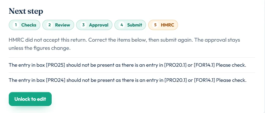 Filing desk Next step showing HMRC did not accept this return, two reasons about boxes PRO24 and PRO25, and Unlock to edit