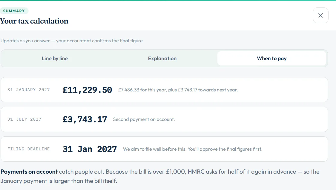The When to pay tab showing 31 January and 31 July payment cards