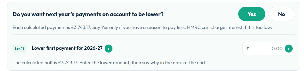 SA110 page with the question Do you want next year’s payments on account to be lower and box 11