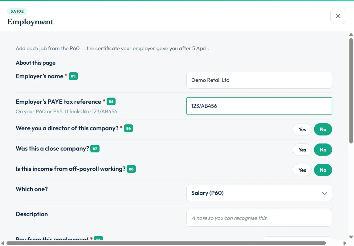 The Employment questions with Employer’s name, PAYE reference and the Which one? list