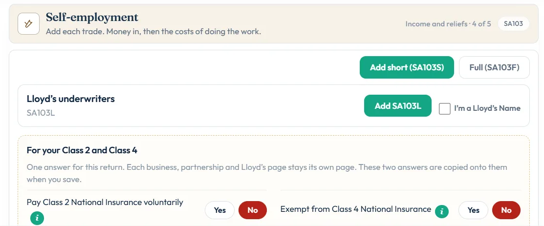 The Self-employment step with Add short (SA103S), Full (SA103F) and the Class 2 and Class 4 questions