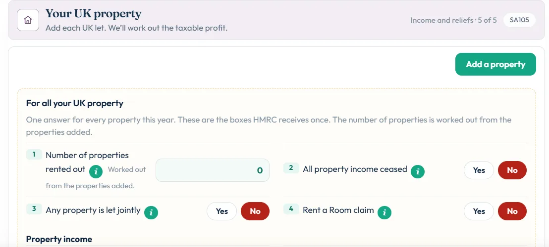 The For all your UK property block with property income allowance, accounting basis and loss boxes