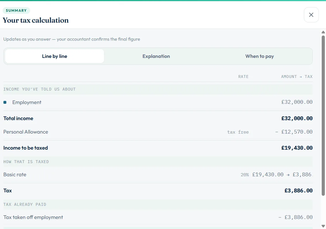 Your tax calculation panel with Line by line, Explanation and When to pay tabs