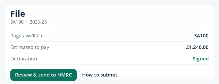 The File step showing a signed declaration and the Review and send to HMRC button