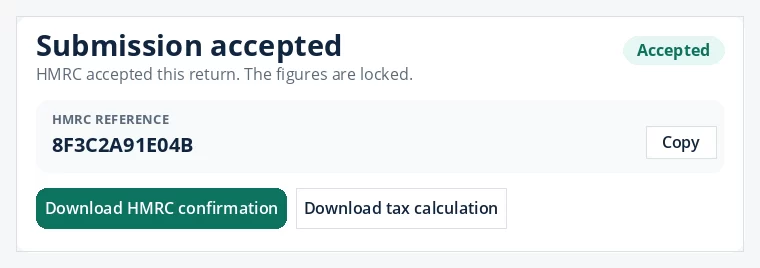 Submission accepted page with an HMRC reference, Copy, and Download HMRC confirmation